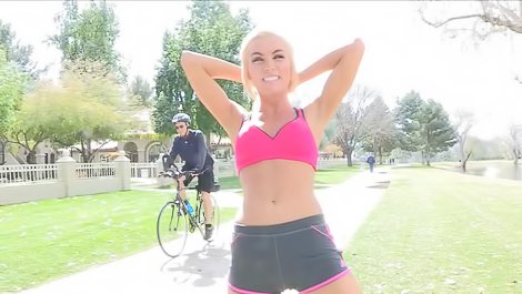 Blonde in shorts is riding the dildo